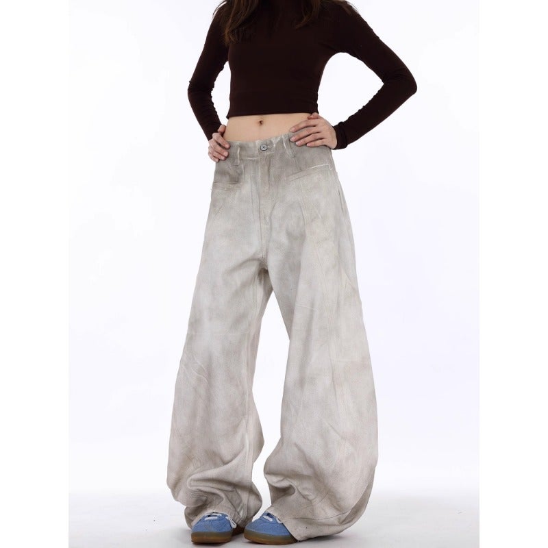 American High Street Retro Distressed Dirty Washed White Scimitar Jeans Ins Deconstructed Tailoring Niche Design Wide Leg Pants - Image 5